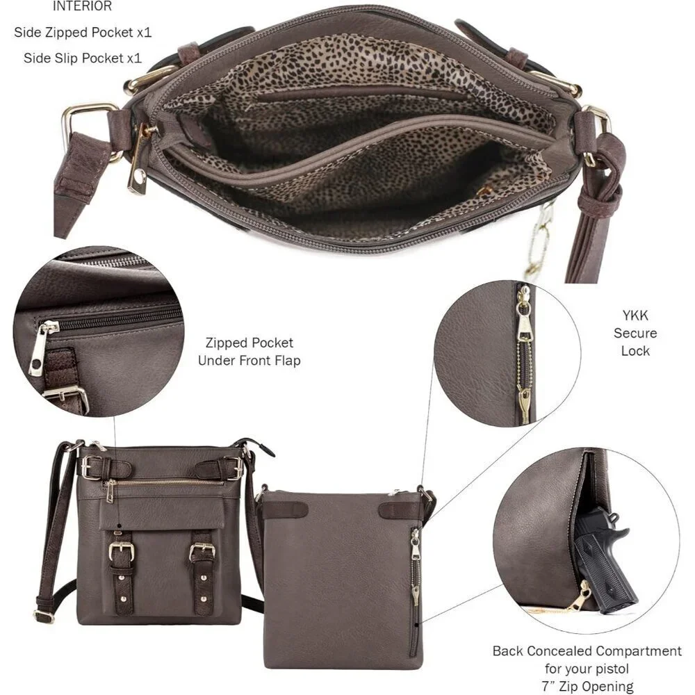 2 Toned Faux Leather Concealed Carry Crossbody Bag with Lock for Women